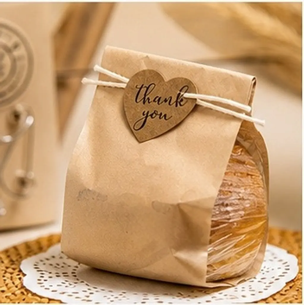 1000Pcs Candy Bag Stickers Thank You Label Roll Kraft Paper Self Sticking Heart Shaped Decorative Sealing Stickers for Treats