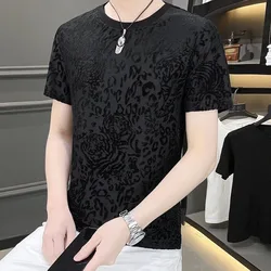 Men Round Neck Tops 2023 Summer Korean Velour Jacquard Weave Clothes Fashion Ventilate Male T-shirt