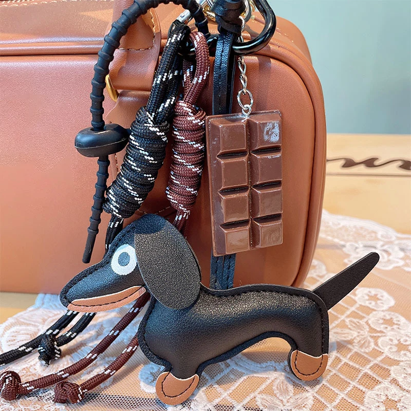 Vintage Dachshund Puppy Car Wiener Dog Keychain Bag Pendant Lanyard Chocolate Braided Rope Accessories Jewelry Trinket Key Ring