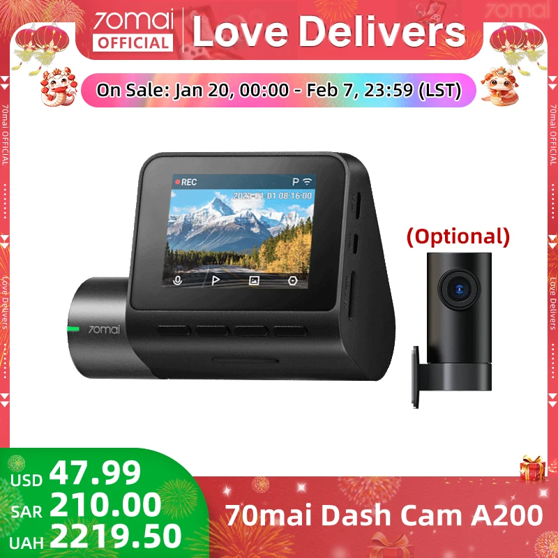 Global 70mai Dash Cam A200 Dual-channel Record 1080P HDR 2'' IPS Screen 24H Parking Monitor 70mai Car DVR A200 WIFI APP 130° FOV