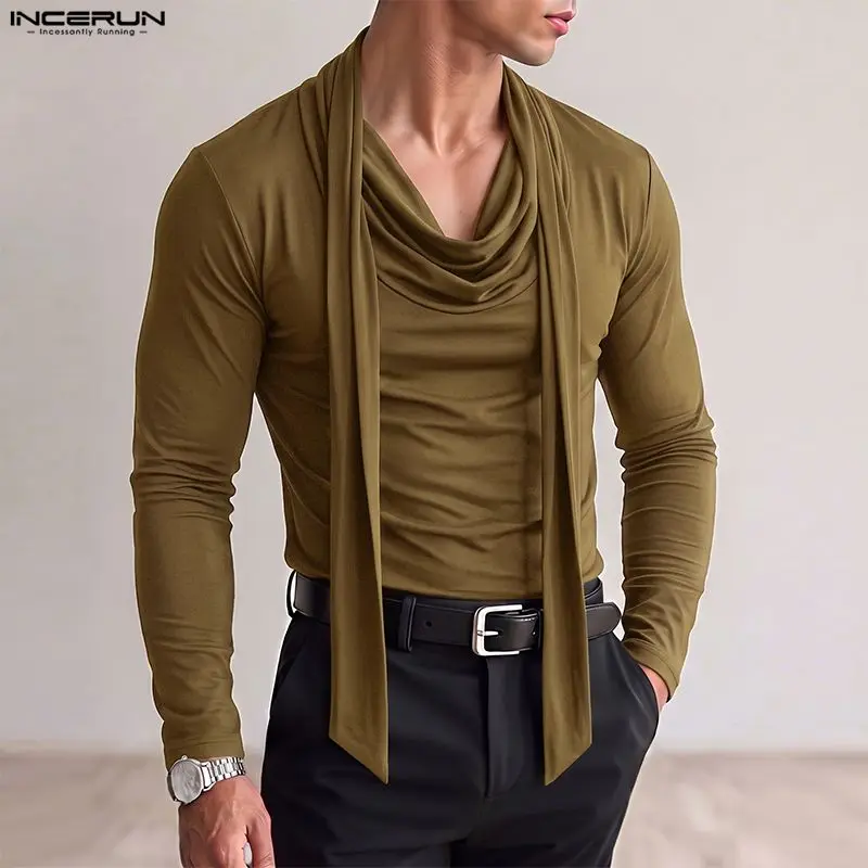 INCERUN Men's T Shirt Solid Color Pleated Long Sleeve Belt Casual Men Clothes Streetwear 2026 Fashion Tee Tops For Man Camisetas