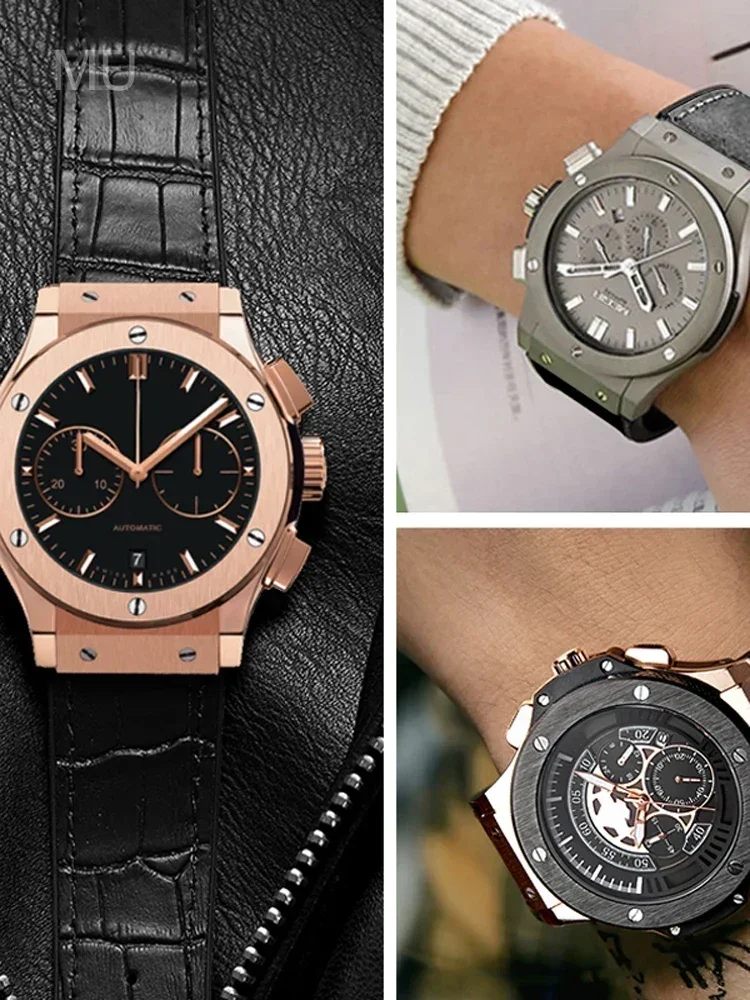 남성용 소가죽 시계 스트랩, Hublot Yubo 클래식 퓨전 빅뱅 시리즈, 소프트 실리콘 볼록 인터페이스 시계 밴드, 19x26mm