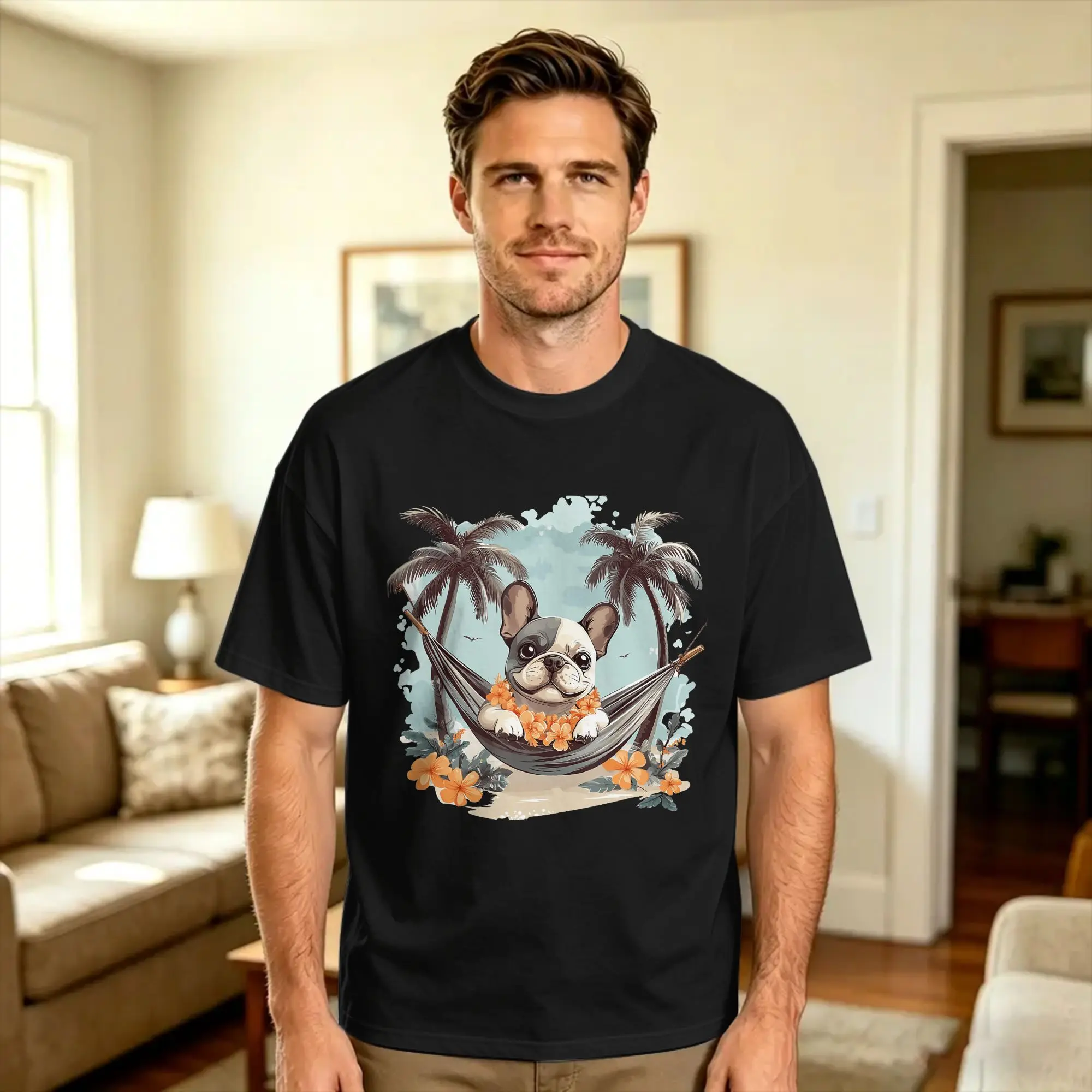 Vintage T Shirt Cute Hawaiian French Bulldog Hammock Palm Trees Pure Cotton T-Shirts  Leisure Tee Shirt for Man Beach Y2K Tops