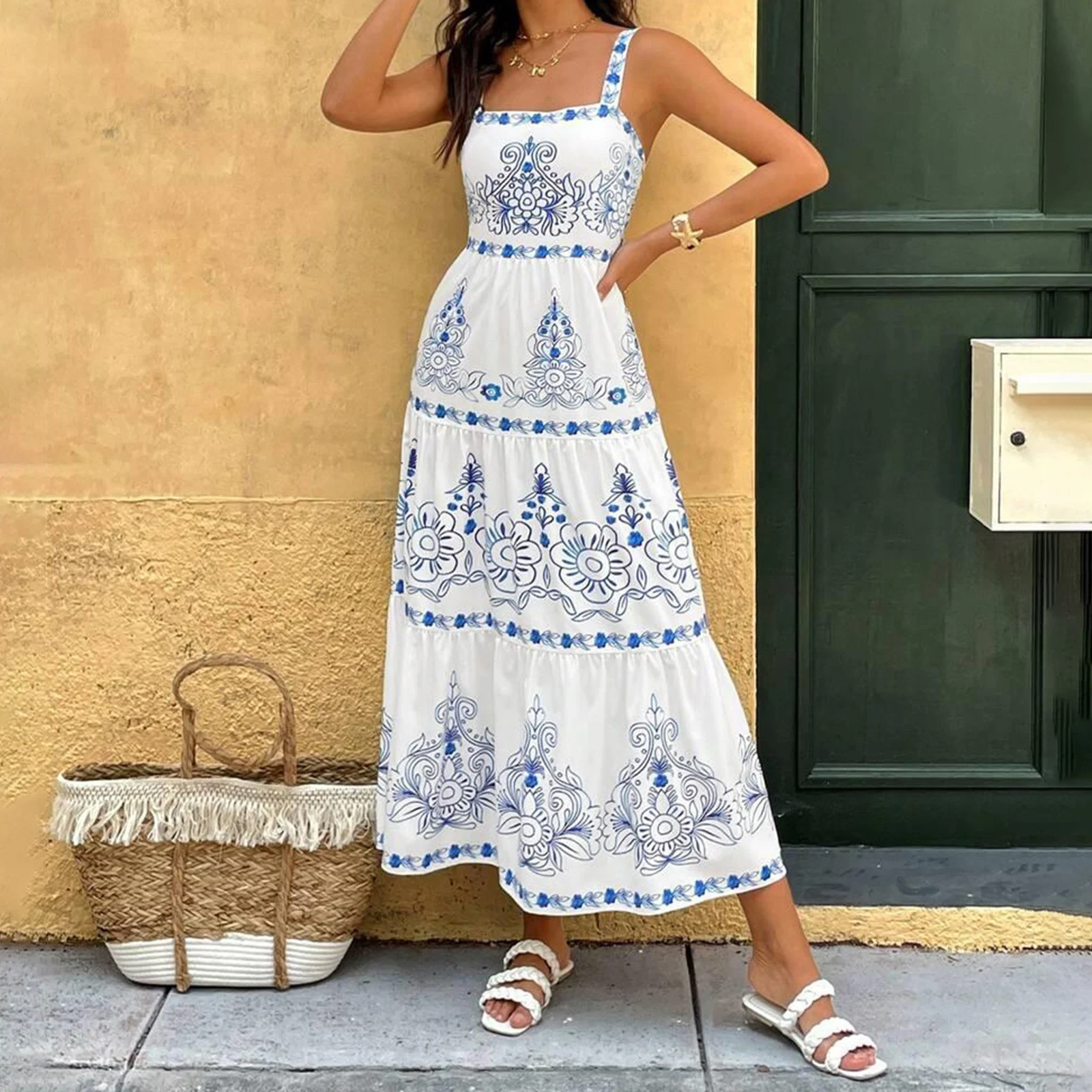 Abito da donna con fasciatura posteriore a strati, per le vacanze estive, senza maniche, con stampa floreale, abiti lunghi e fluidi a trapezio