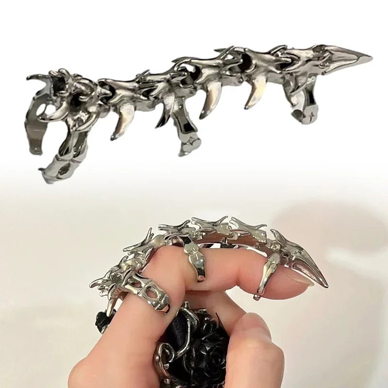 Cyberpunk Gothic Dragons Bone Knuckle Ring, Cosplay Rings, Unisex Alloy, Silvery, Adjustable Opening, Jewelry Accessory