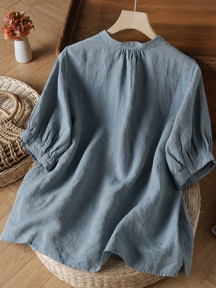 レトロなコットンリネンまたはスウェット素材の女性用サマートップス、多用途でカジュアル、ゆったりとしたスリムフィット、切り替えデザイン、木製耳飾り付きリネントップス