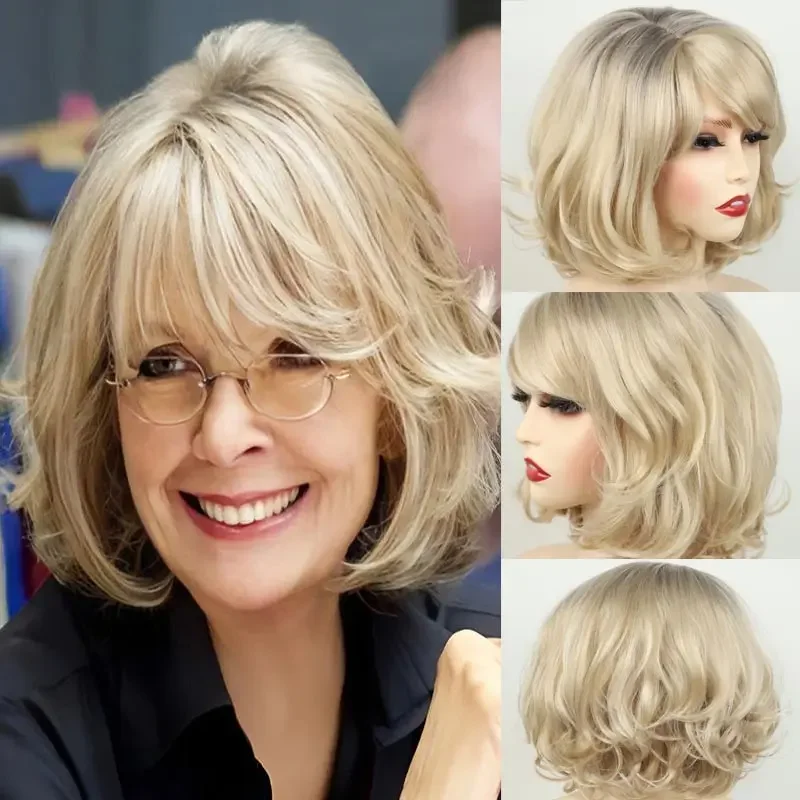 

Women's Fashion Wig Short Blonde Curly Bob Hair Soft Healthy Heat Resistant Synthetic Wavy Wig for Mommy Costume Party Wig