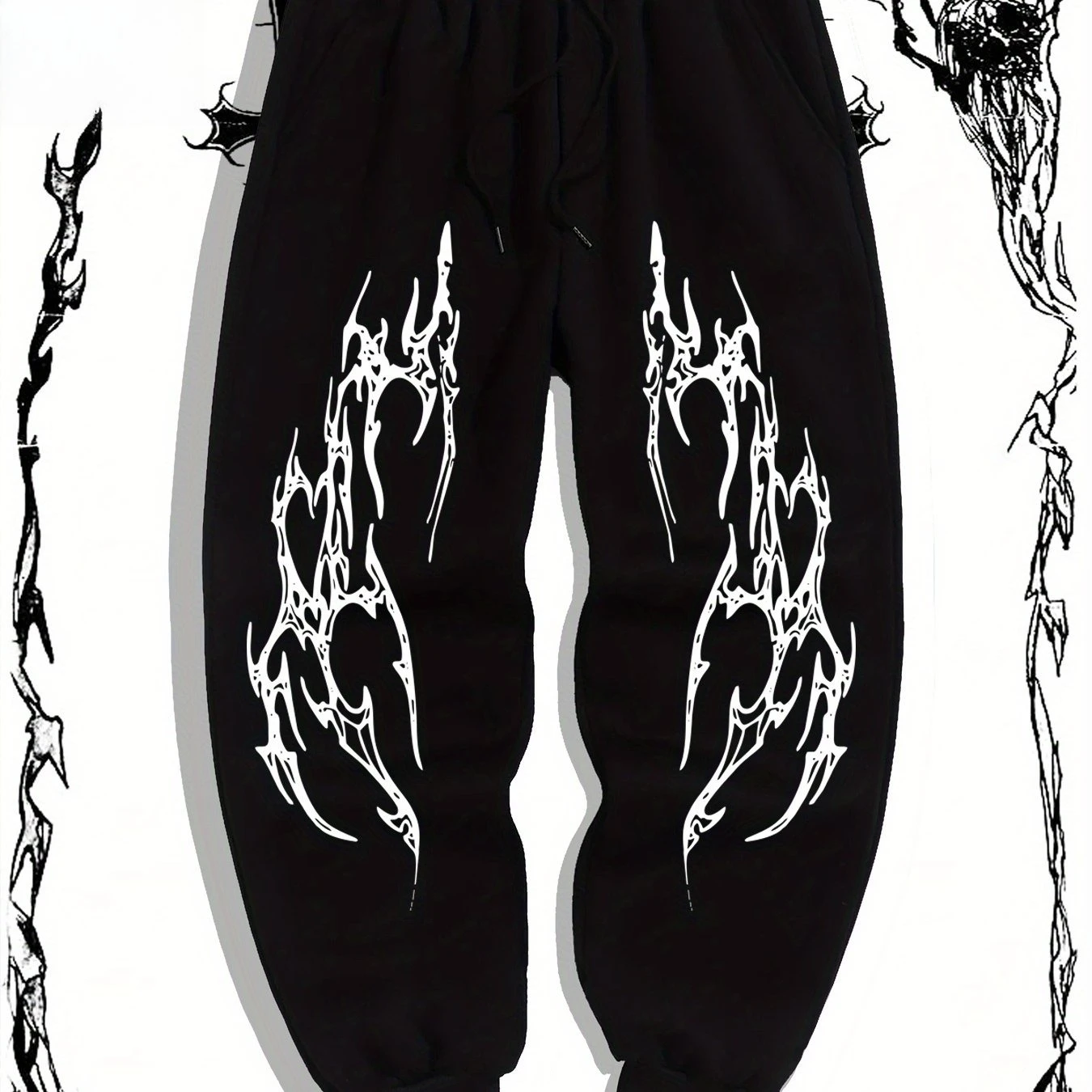 

Мужские брюки с татуировкой в уличном стиле. Черный геометрический принт. Обычная посадка. Эластичный пояс на шнурке.