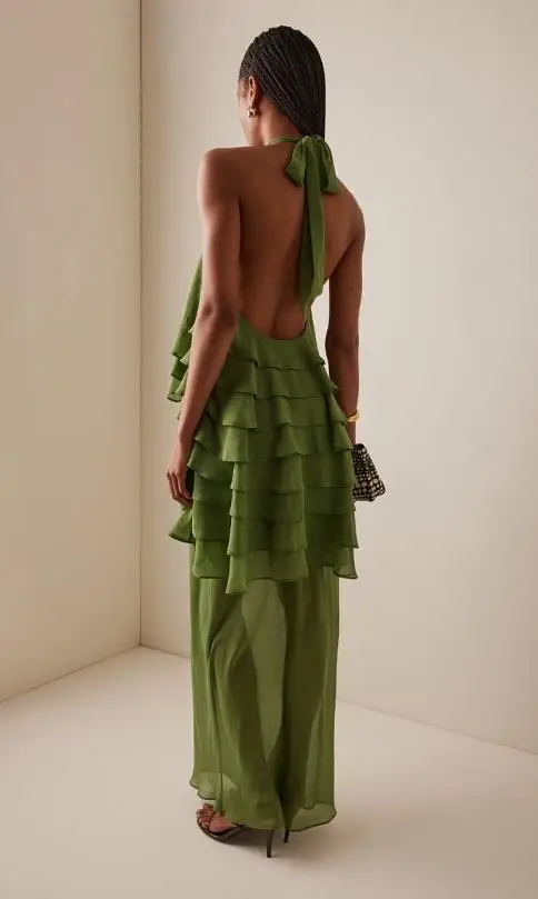 

Womens Dresses 2025 New Summer Solid Color Halter Lace Up Sexy Backless Ruffles Layered Design Sleeveless Casual Vacation Dress