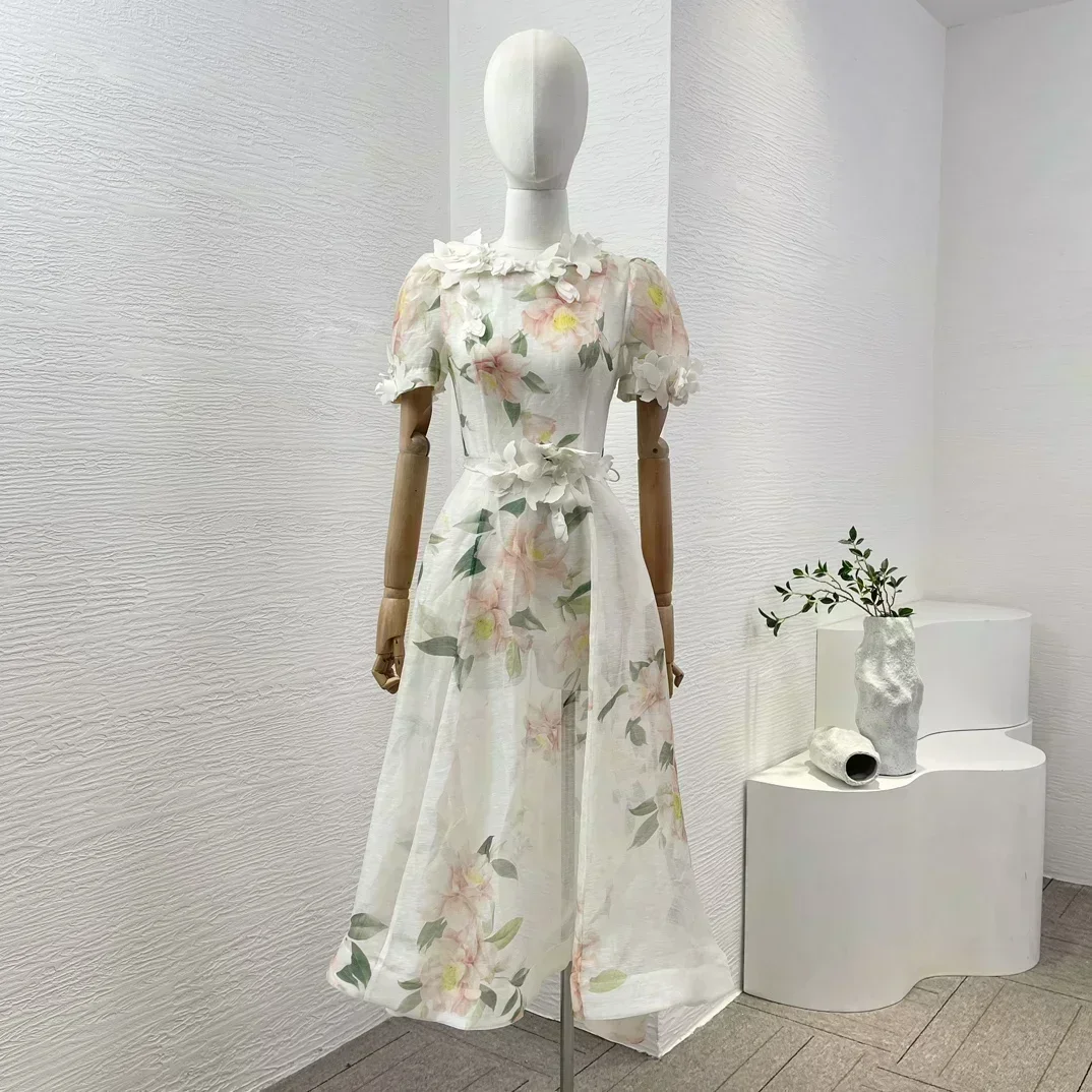 Holiday 2024 Linen Silk New Arrivals Top Quality Ivory White Three Dimensional Flowers Short Sleeve Re-tro Women Midi Dress