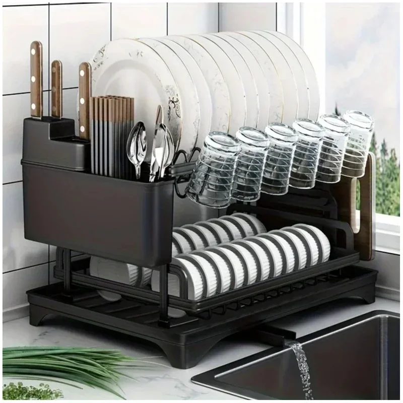 2-Tier Black Full Set Dish Drying Rack, 360° Rotating Drainboard with Utensil Holder, No-Drill Kitchen Organizer Gift