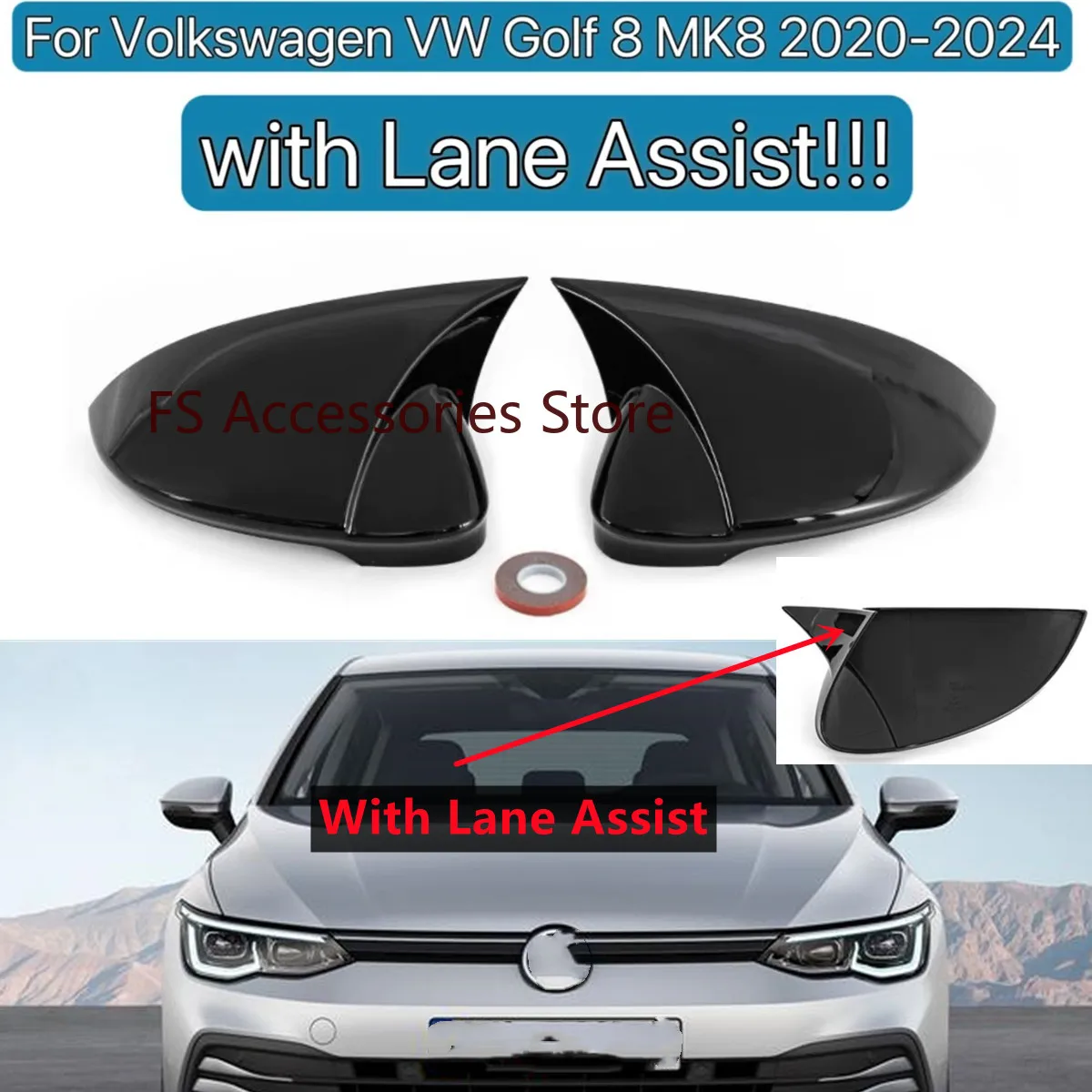 For Volkswagen Golf MK8 VIII 8 Pair Side Mirror Covers Caps 2020 2021 2022 For VW Glossy black wing Rearview With Lane Assist