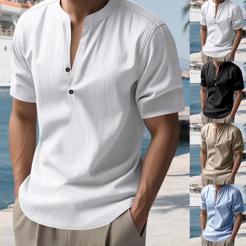

Summer Men's Casual Loose Shirt Men's Fashionable Vertical Collar Linen Short-sleeved Solid Color Shirt Free Print Logo Cy-62-b