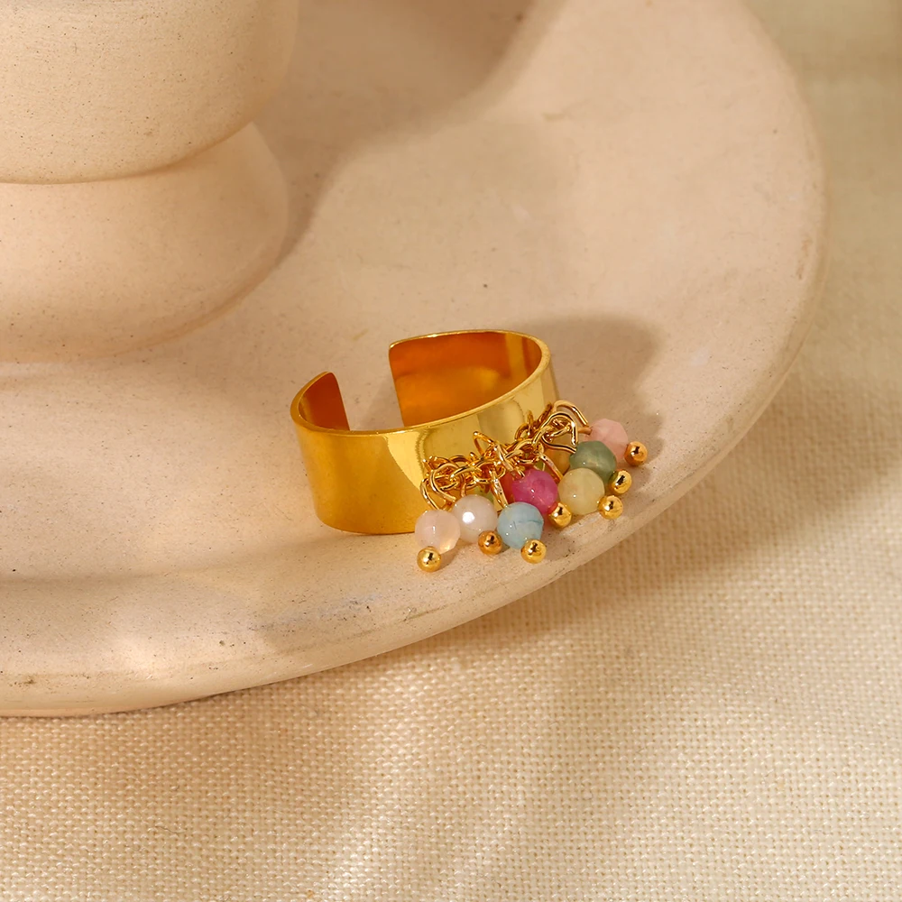 Trend 18K Gold Plated Stainless Steel Colorful Stone Tassel Open Wide Ring For Women Waterproof Jewelry Gift image 4