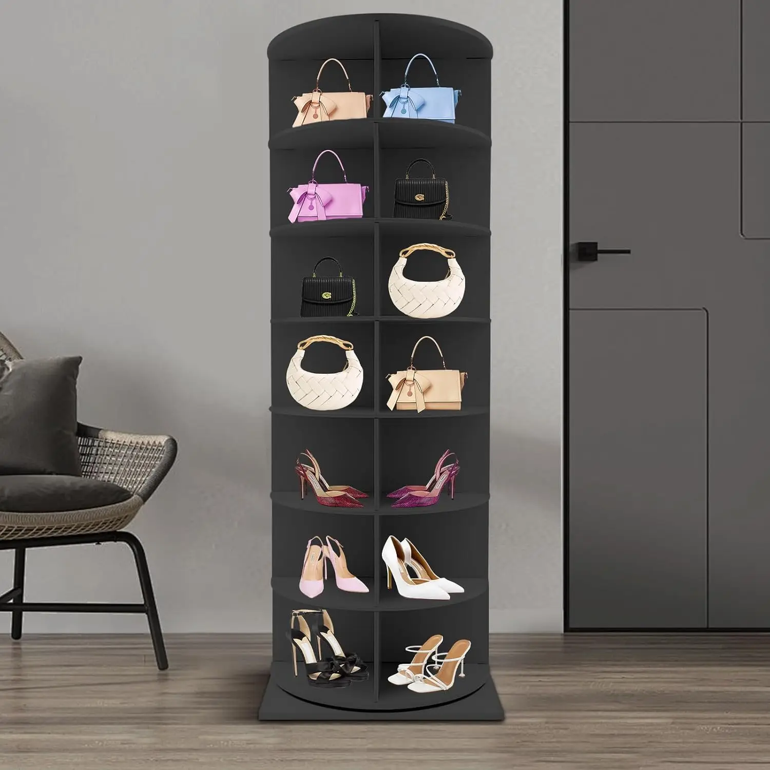 360° Rotating Shoe Rack Tower 7-Tier Free Standing Organizer Entryway Storage 23.62x23.62x64.96in Black, Customized