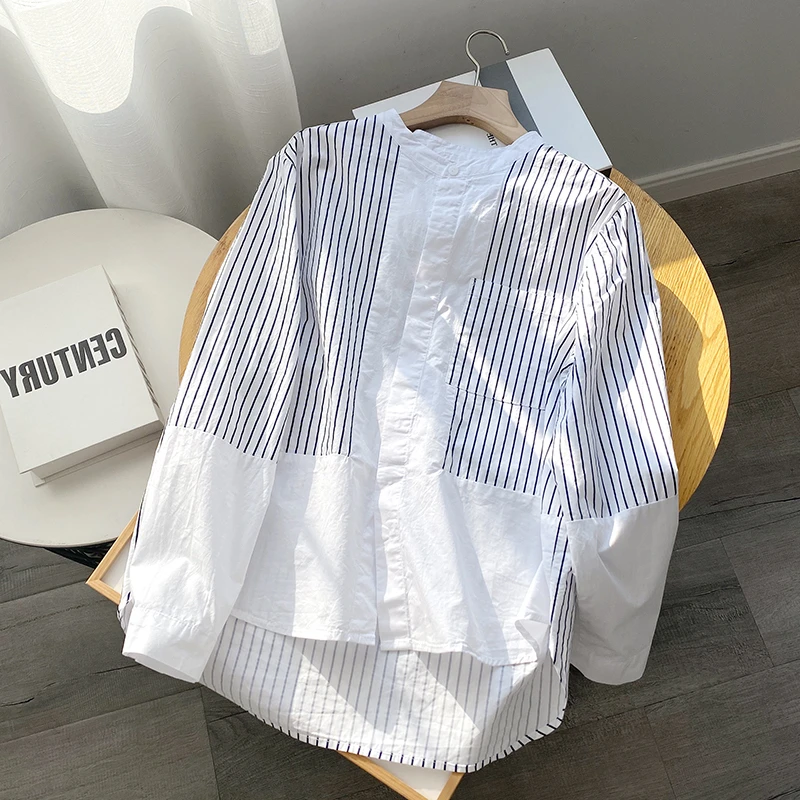 

Women's Loose Striped Shirt Spring Autumn Stand Collar Korean Style Long Sleeve Button up Casual Fashion Top