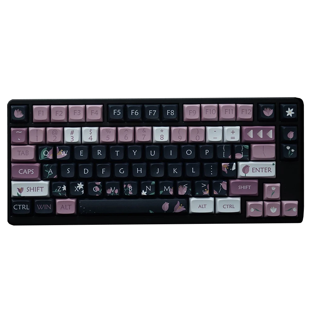 XDA PBT 꽃 Tulipa 키캡, 기계식 키보드, 블랙 핑크 키캡, Aula F87pro Crush80 Evo80 Gx87 Raven68, 127 키