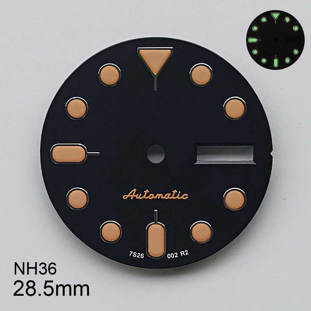 28,5 мм S 5, логотип SKX007, черный циферблат, подходит для NH36/4R36, зеленый светящийся двойной календарь, модификация часов, аксессуары