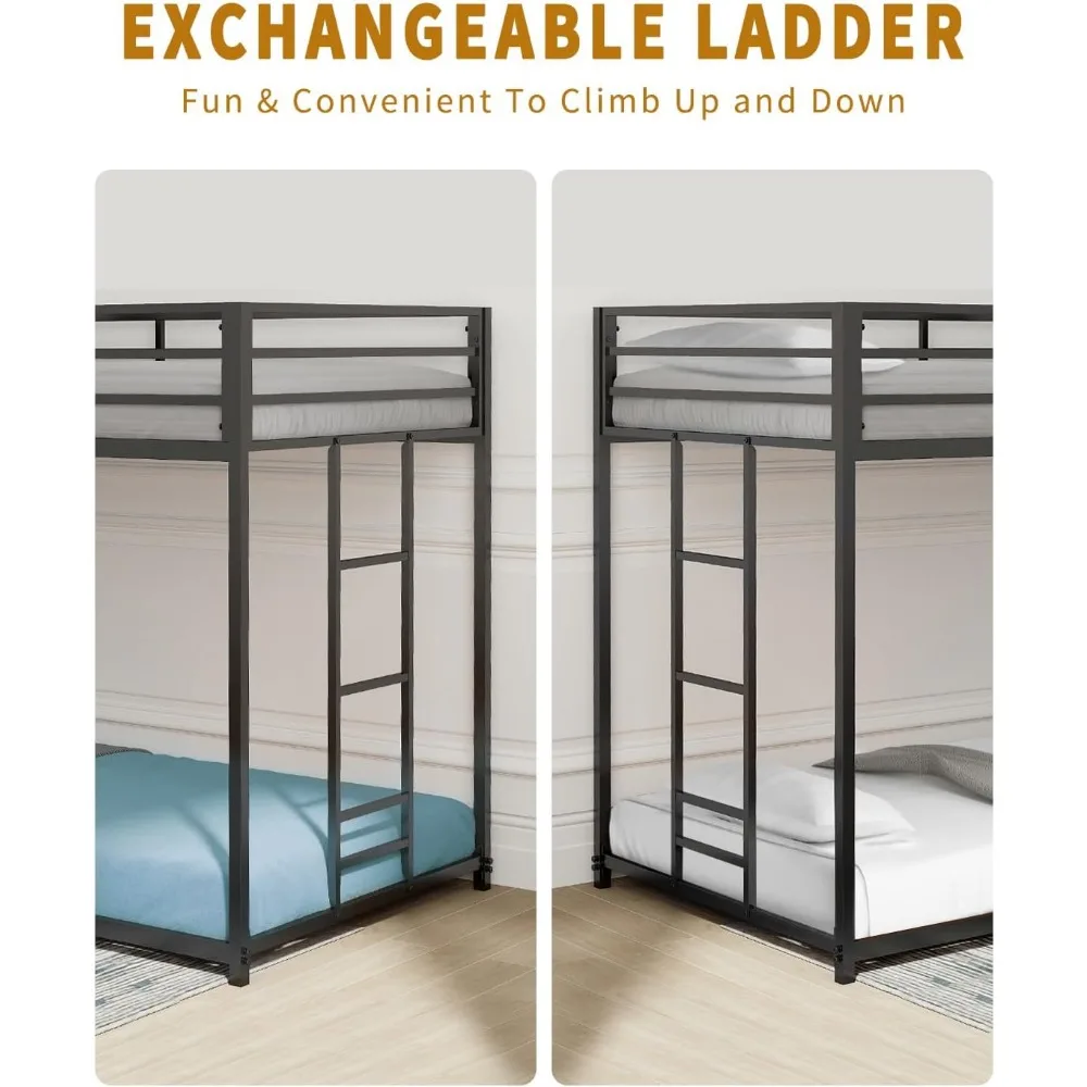 Metal Low Profile Bunkbed com escada lateral, Twin Over Twin Beliche, nenhuma mola de caixa necessária, fácil configuração, quadro de cama preta