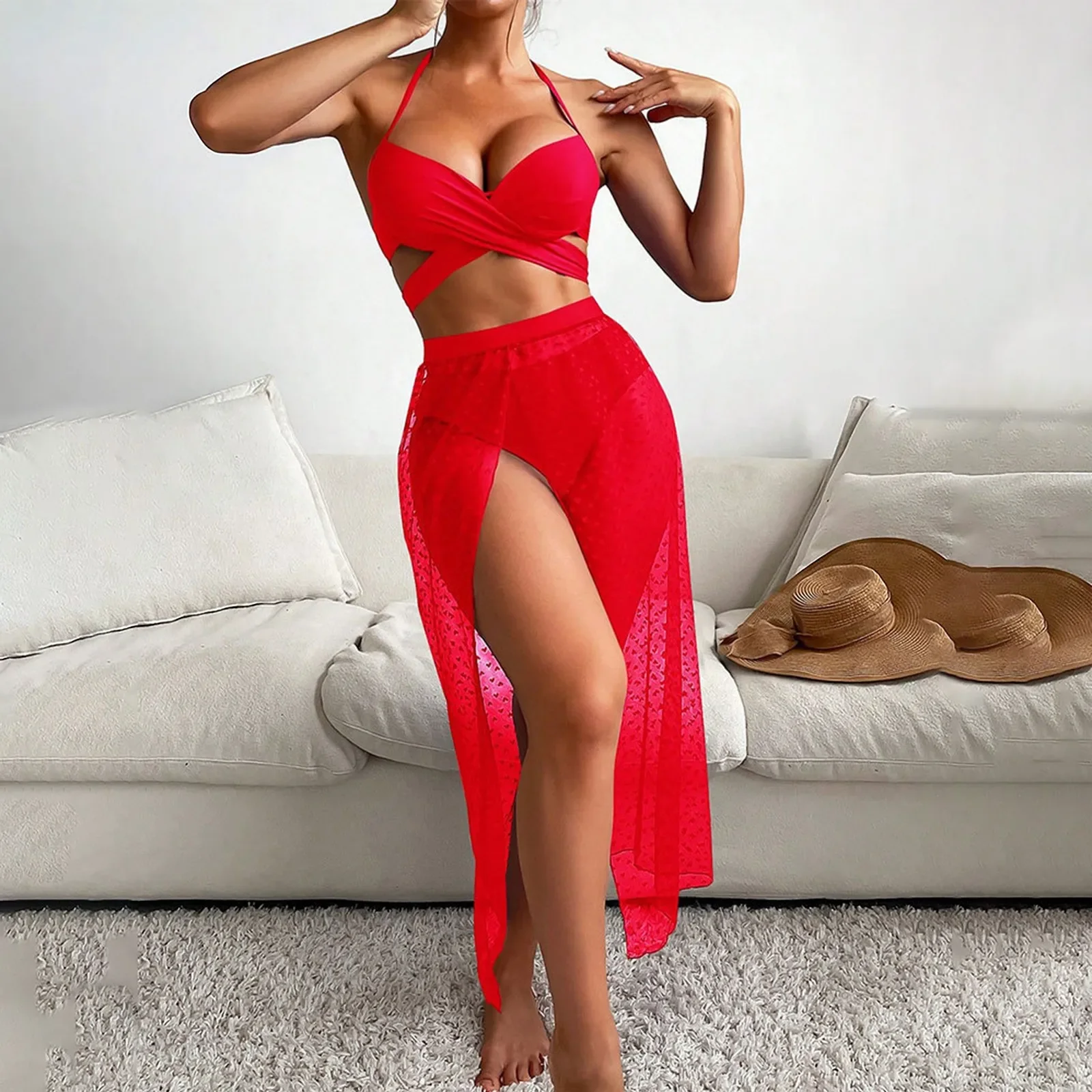 

Women's 2024 New Swimsuit Three Piece Sexy Strap Hollow Bikini Solid Colour Sunscreen Mesh Long Skirt Cover Up Beach Swimwear