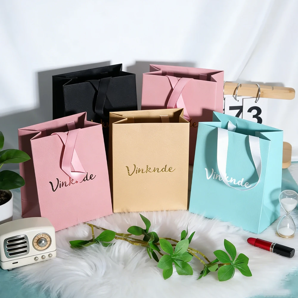 

Personalized Logo Pink Beige Gift Paper Tote Bag 12.5x15x7.5cm Jewelry Perfume Candle Shopping Packaging Bags with Ribbon Handle