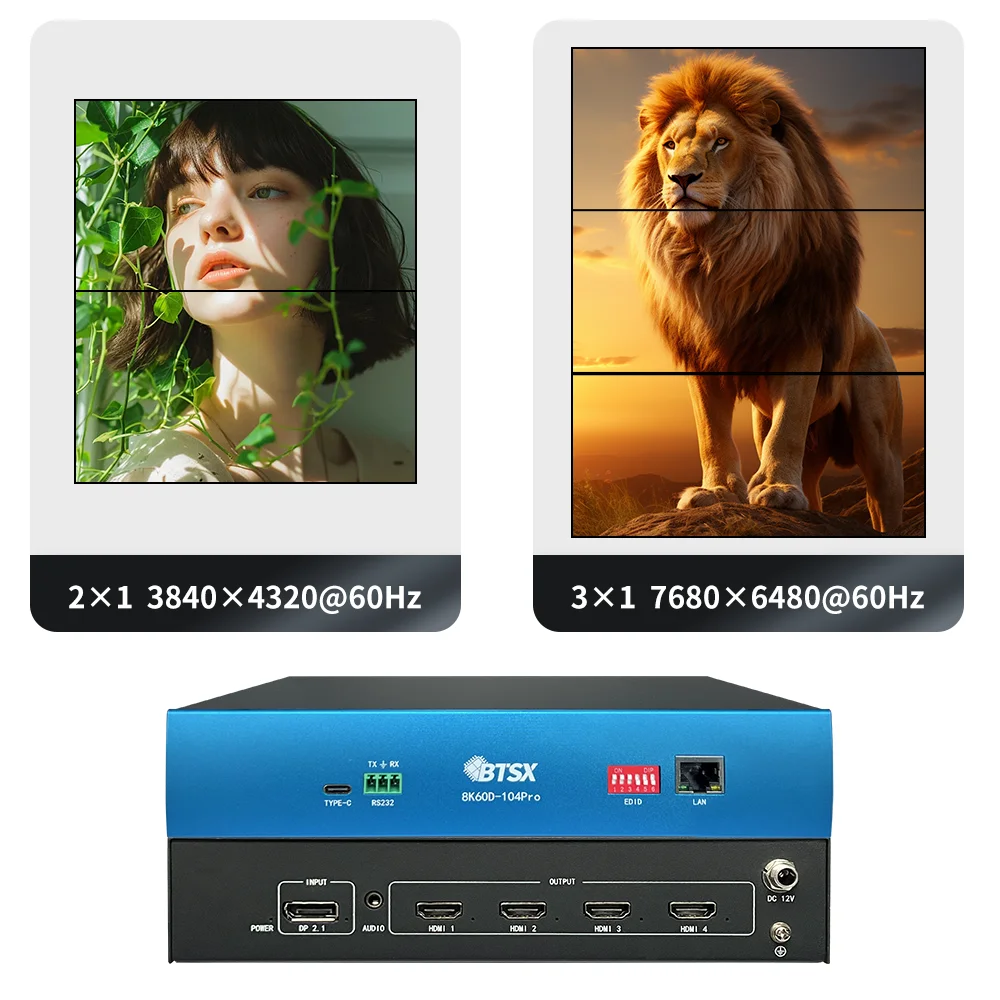 NEW Industrial Multi Screen Processor for Conference Hall 1DP 4HDMI 8K60 to 4K60 Zero Deformation Splicing HDCP1.4/2.3