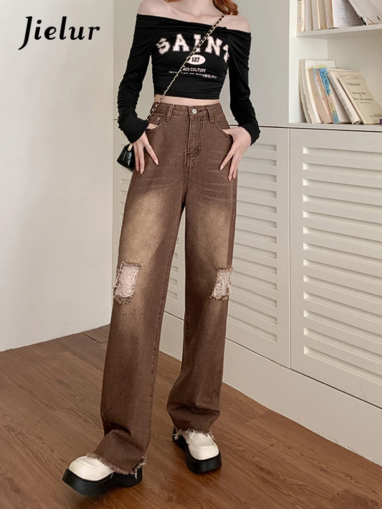 

Jielur Brown Ripped Jeans Cool Street New Autumn Women's High Waist Trousers Female Straight Loose Wide Leg Pants for Women S-XL