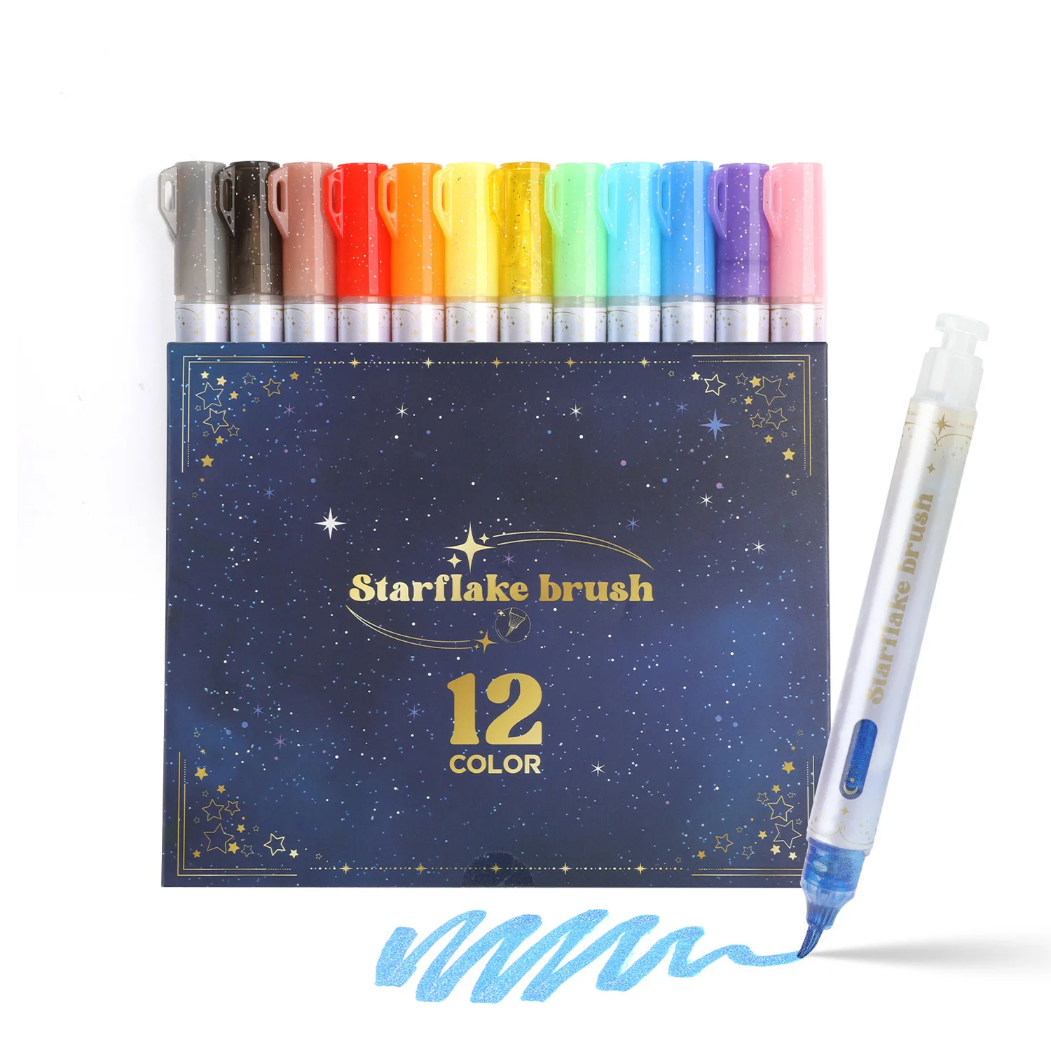 

12 Colors Acrylic Art Valve Press Type Flash GlitterMarker Pens Professional Drawing Soft Brush Tip Marker Pens DIY Graffiti