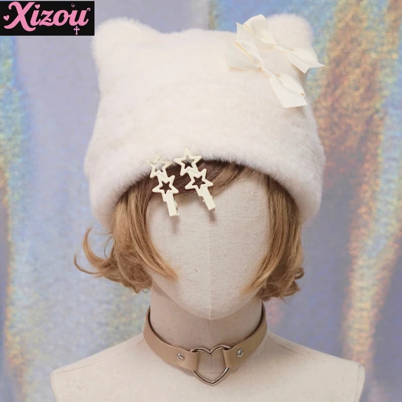 

Japanese Original Handmade Bow Beige Cat Ear Plush Hat Pullover Hat Soft Sister Autumn and Winter Warm Sweet Lolita Hat Woman