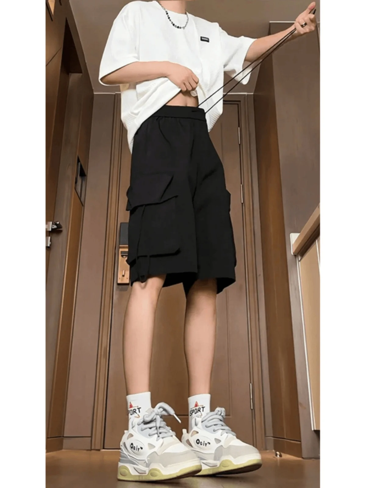 

Cleanfit Men's Summer Faion Outdoor Waterproof Workwear Straight Leg Five-Quarter Pants Casual orts Youth Trendy Bla