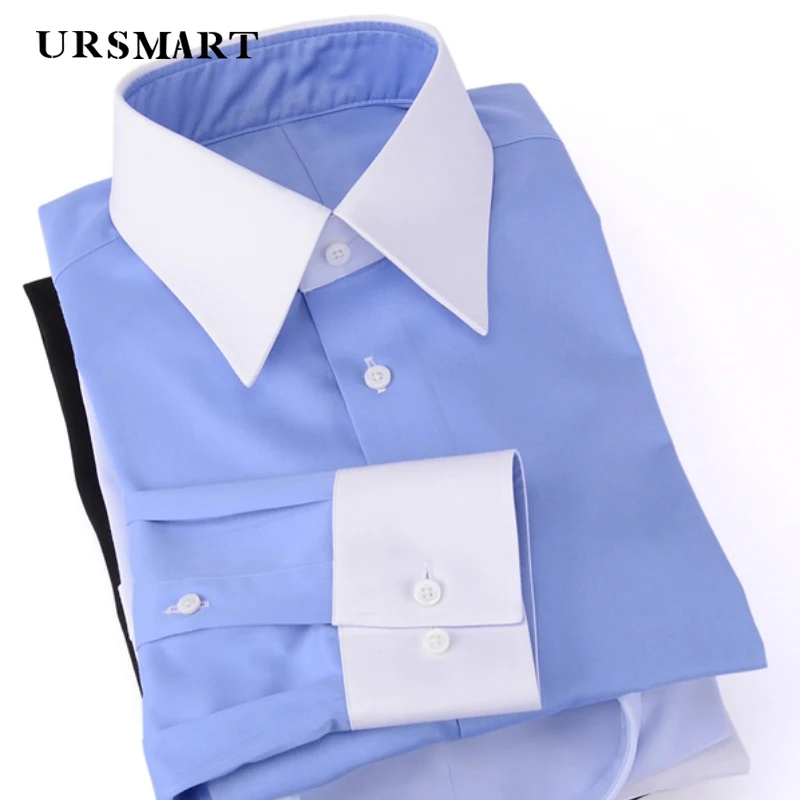 Professional work clothes cufflink shirt Business slim white black office long pointy collar shirts men