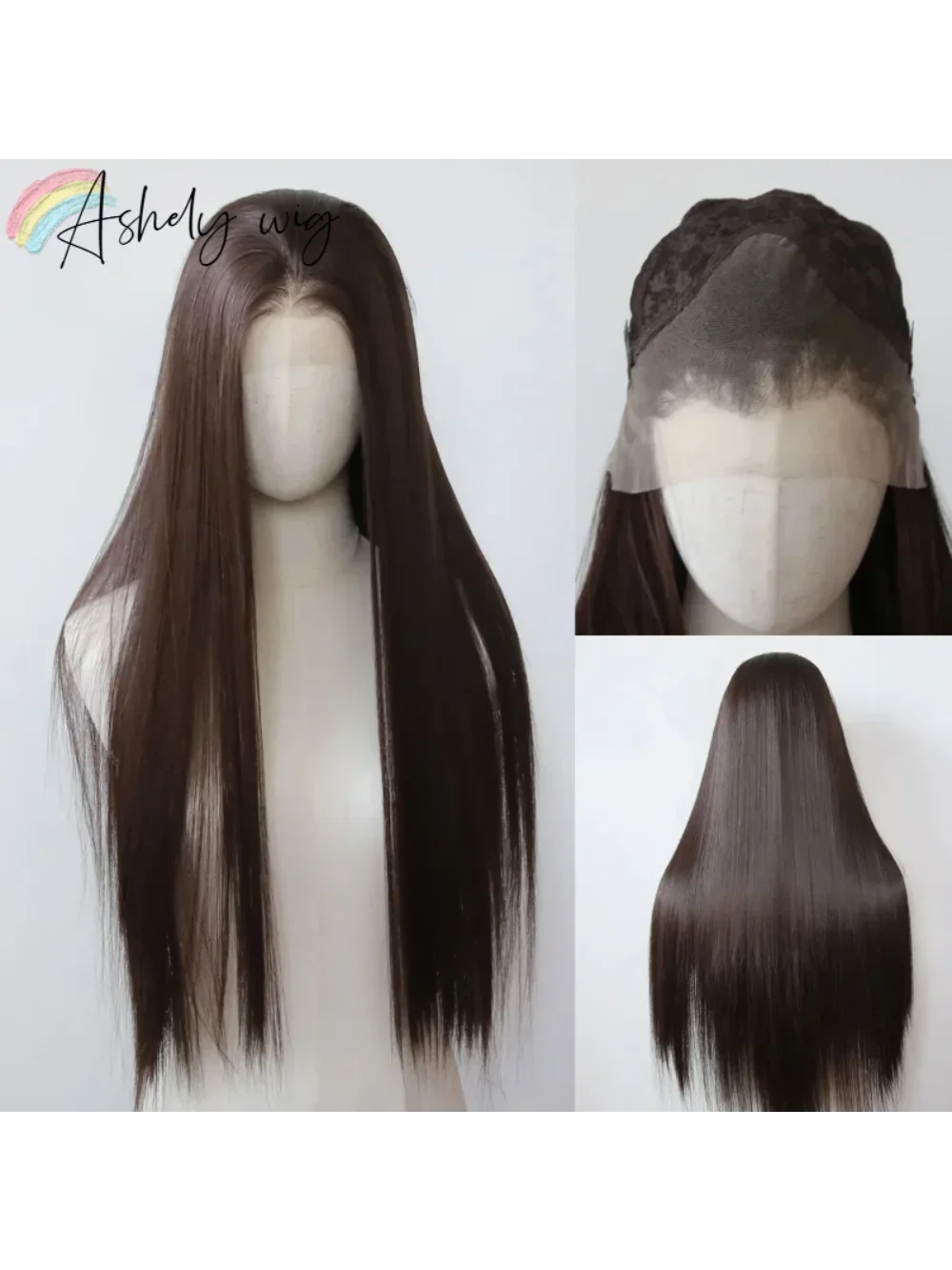 Ashley 13*4 dunkelbraune synthetische Lace-Front-Perücken, braune lange gerade Lace-Front-Perücke für Frauen, vorgezupfter natürlicher Haaransatz