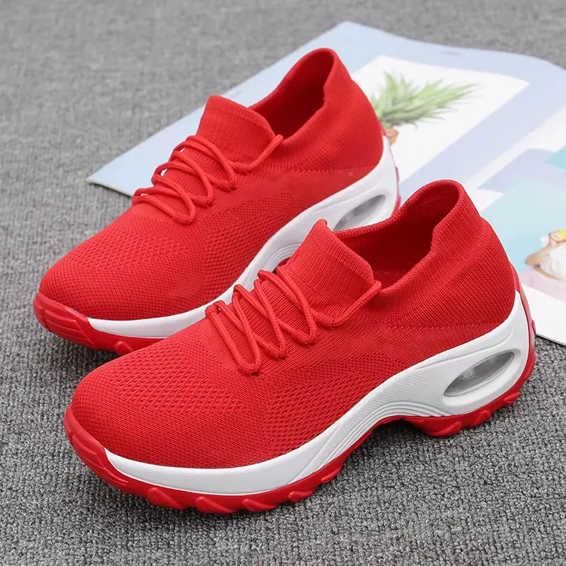 Women Tennis Shoes Air Cushion Red Sports Shoes High Heels Mesh Lace-up Female Sock Footwear Outdoor Thick Bottom Women Sneakers