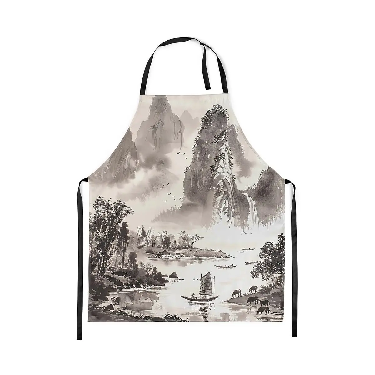 

Watercolor Mountain Kitchen Apron Eastern Ink Painting Style Natural Scenery Apron for Adults Animal Rustic Waterproof Apron