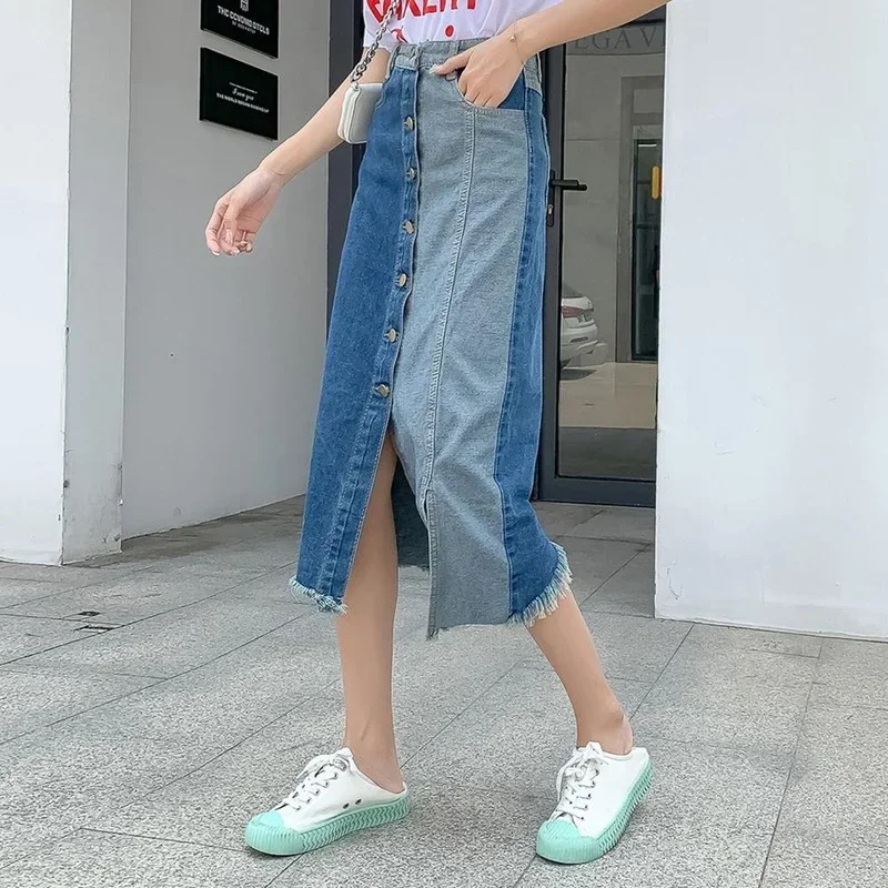 

Spring Summer Women Front Button Side Split Denim Midi Skirts High Waist Irregular Patchwork Long Blue Tassel Casual Jean Skirts