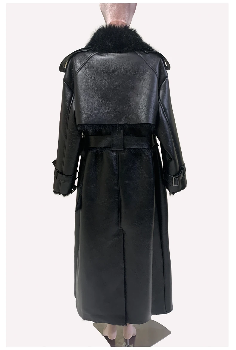 Nerazzurri Winter Long Oversized Thickened Warm Black Fluffy Faux Sheepskin Coat Women Double Breasted Loose Furry Overcoat 2024