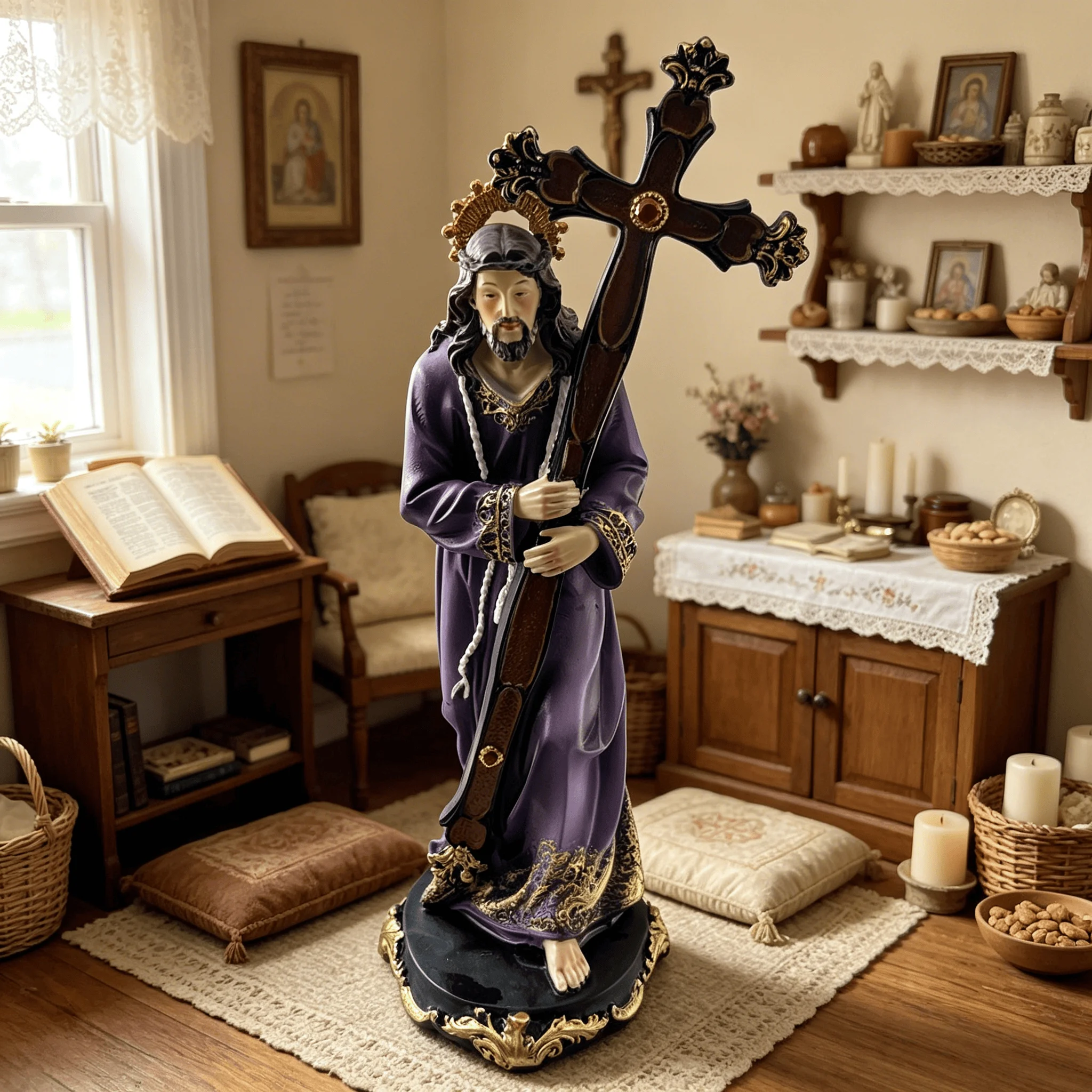 Jesus am Kreuz Tragende Statue, Lila Gewandeter Christus am Kreuz Religiöse Figur, Handbemalte Harz-Katholische Glaubens-Dekoration Skulptur