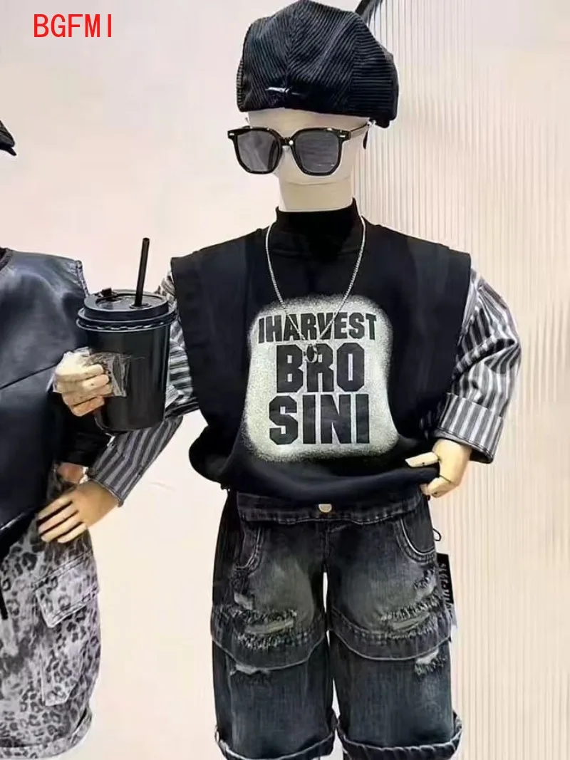 

Весенне-осенний комплект свитшотов в полоску для мальчиков, новинка 2025 года, джинсы с дырками для малышей, брюки, модный и красивый повседневный комплект из двух предметов