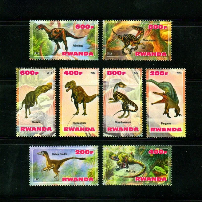 8 PCS, Rwanda, 2013, Prehistoric Animals, Dinosaur, Real Original Post Stamps, MNH