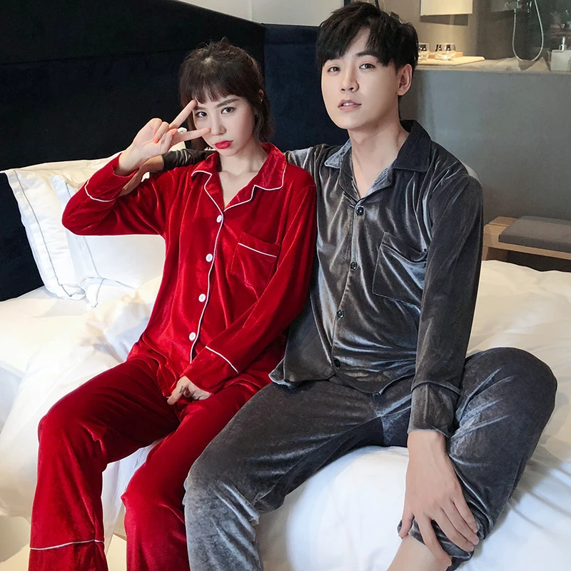 

Couple Winter Pajamas Suit Gold Velvet Single Breasted Women's Sleepwear Comfortable 2 Pieces With Pant Homewear For Female