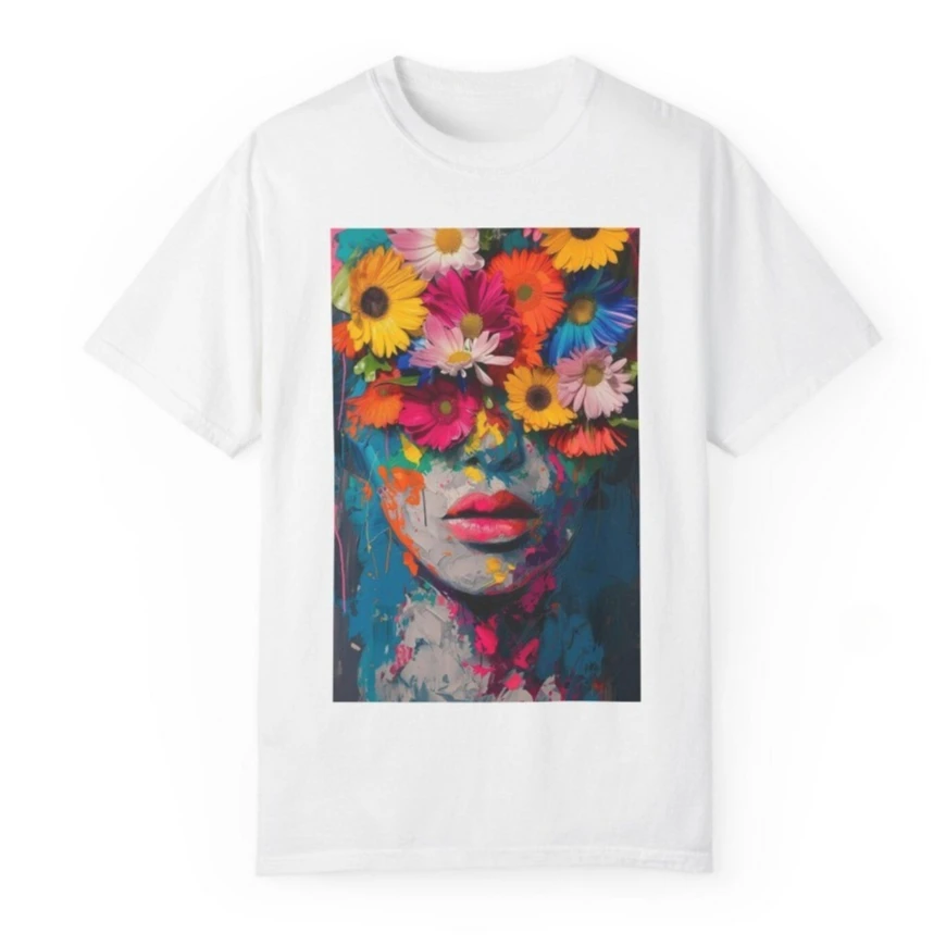 Floral Face Portrait T-shirt Colorful Daisy Art Vibrant Pop Surrealism Clothes Portrait Painting Art Clothes Aesthetic T Shirt