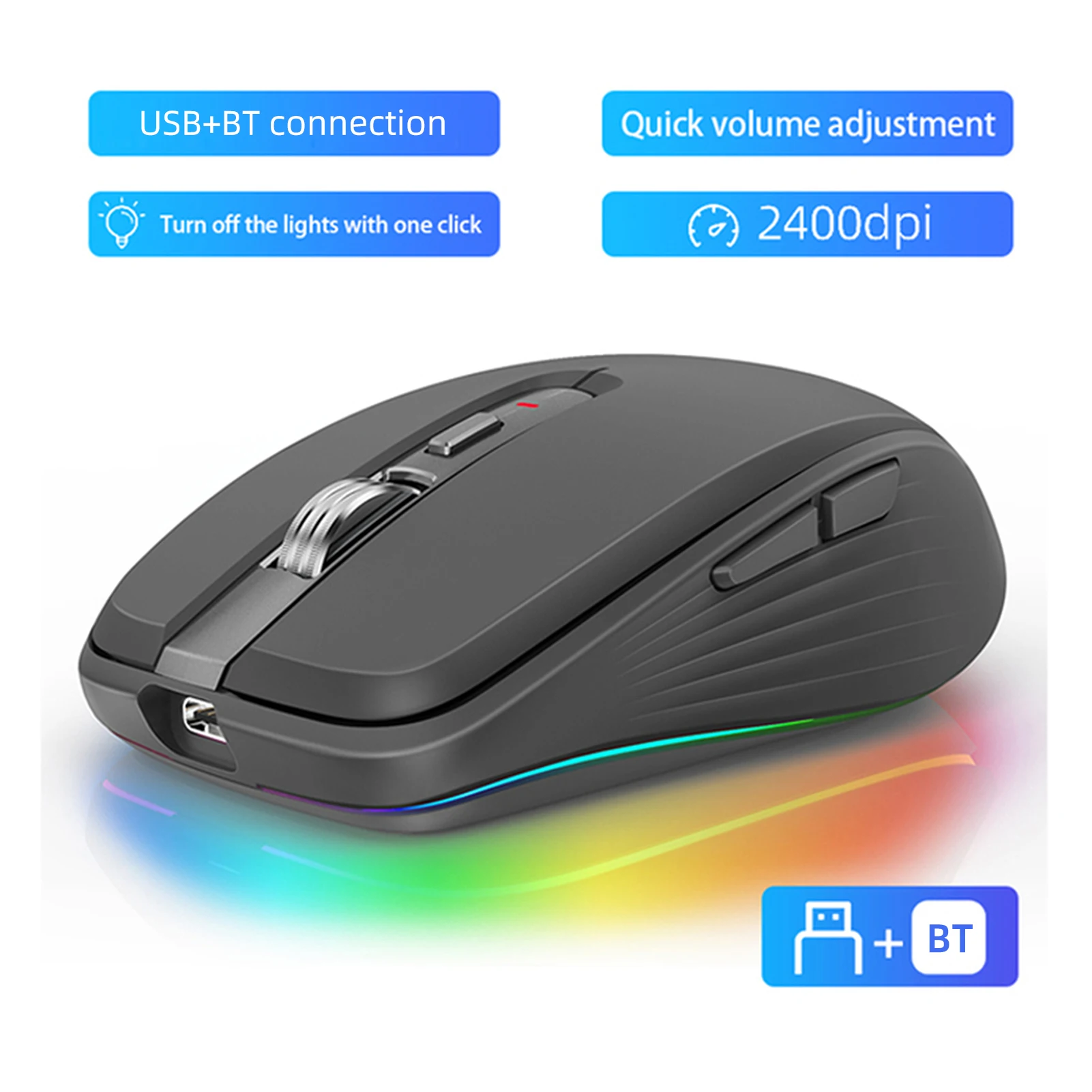 Dual-mode Wireless Mouse USB2.4G+BT5.1 Type-C Rechargeable Gaming Mouse Ergonomic Design 2400 DPI with RGB Light Mice