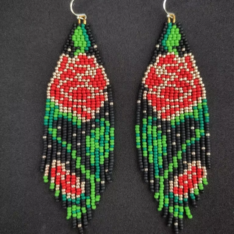 ZGMXR Rice bead earrings Red Rose Pattern Hand-woven Tassel Fashion Simple Female Bohemia Alloy Beaded earrings