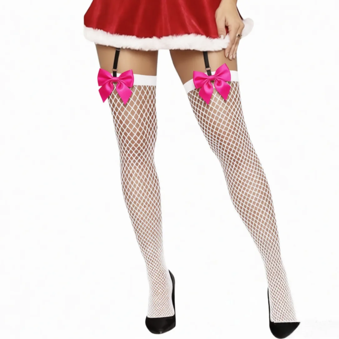 

2.5CM-Bowknot Luxury Hot Pink Stockings for Women Underwear Sexy Mid Mesh White Thigh High Hosiery Fishnet Socks Media De Mujer