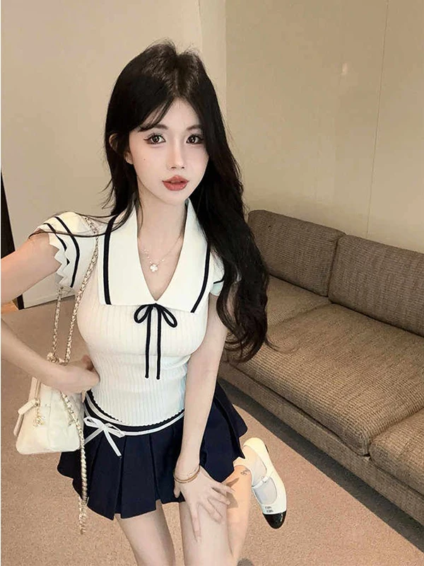 

Уникальный красивый вязаный свитер с воротником-стойкой для женщин, летний модный топ с коротким рукавом, универсальный стиль для повседневной носки