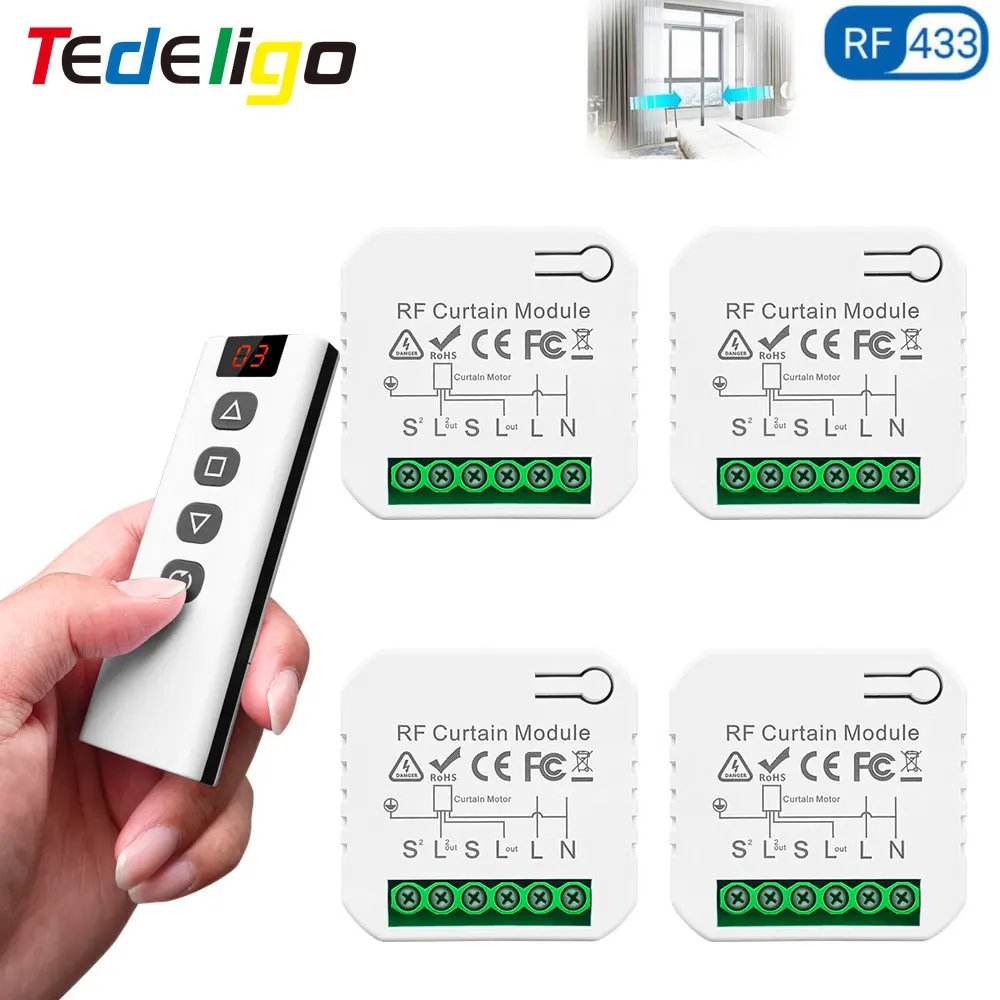 Tedeligo RF Curtain Switch Wireless 5 in 1 Channel Remote,110V 220V 16A Roller Shutter Controller Module,2 Way Control Garage