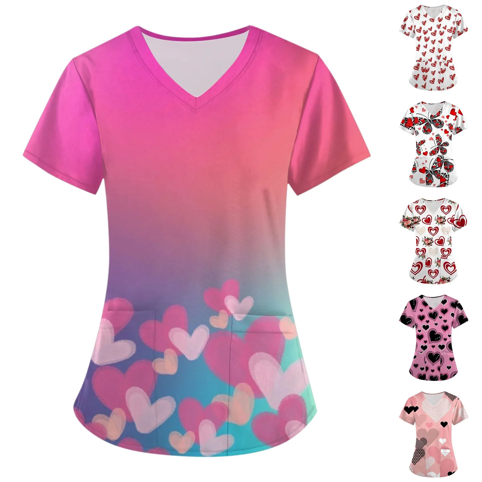 Valentijnsdag Verpleegster Uniform Tops Vrouwen Vlinder Cartoon Print Korte Mouw Zak Overalls Uniformen Medische Verpleegkundige Blouse