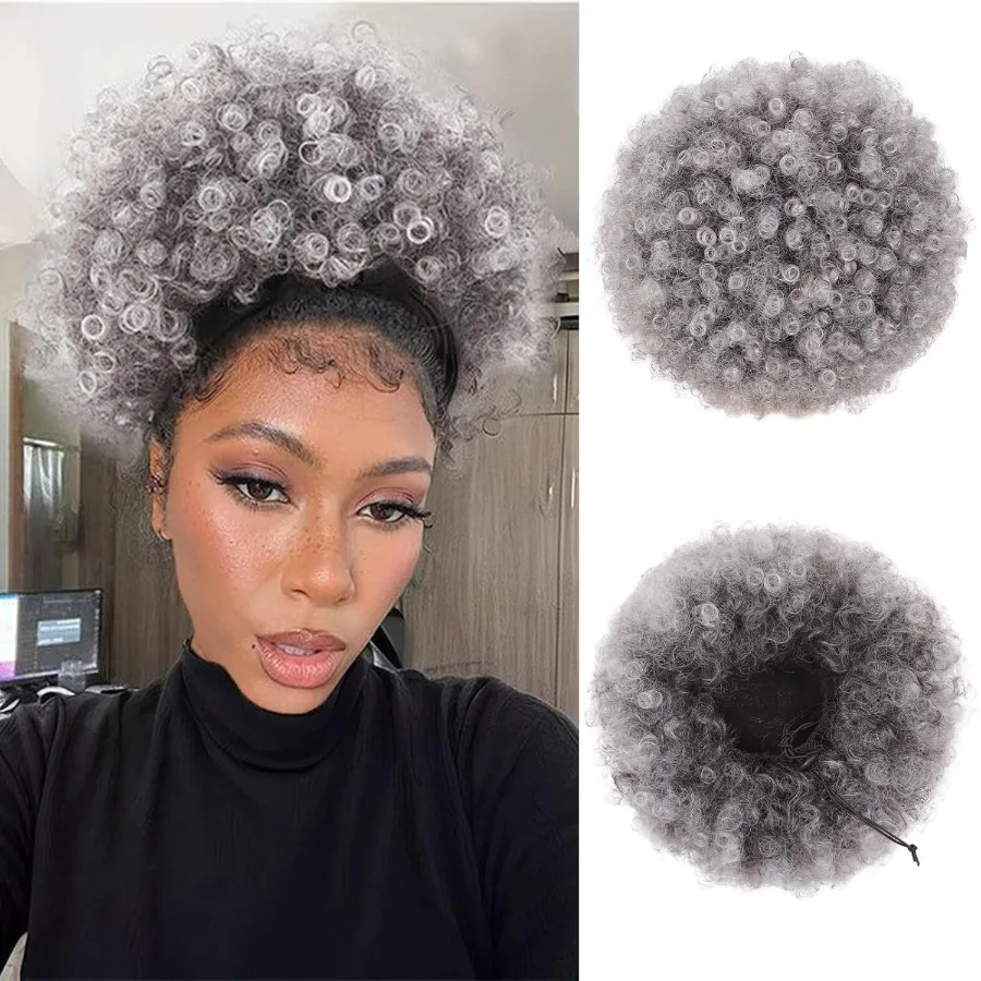 تمديد ذيل حصان أفرو منتفخ كبير جدًا للنساء ذوات البشرة السمراء مع شعر صناعي رمادي أومبير ومجعد ومشبك برباط