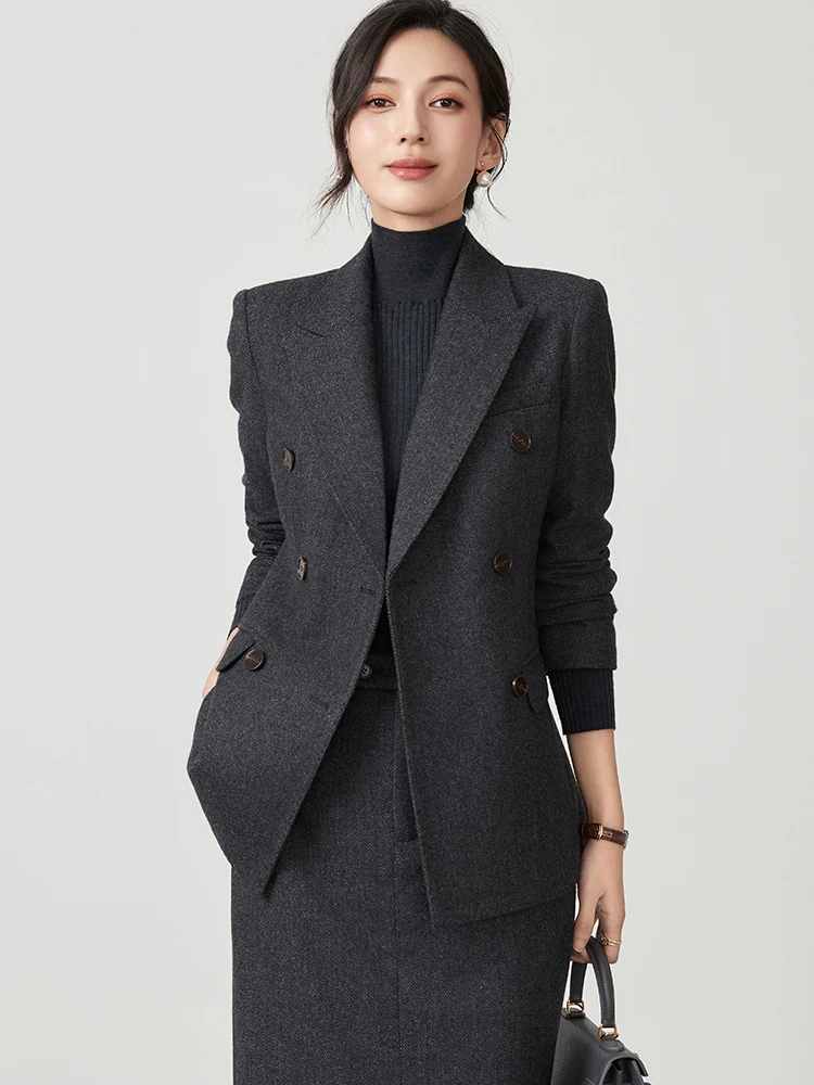 

Autumn Winter ey Tweed Suit Jaet Commute Workplace Godd Sle Suit Skirt Set Wool Blend Thiened Long Sve Button