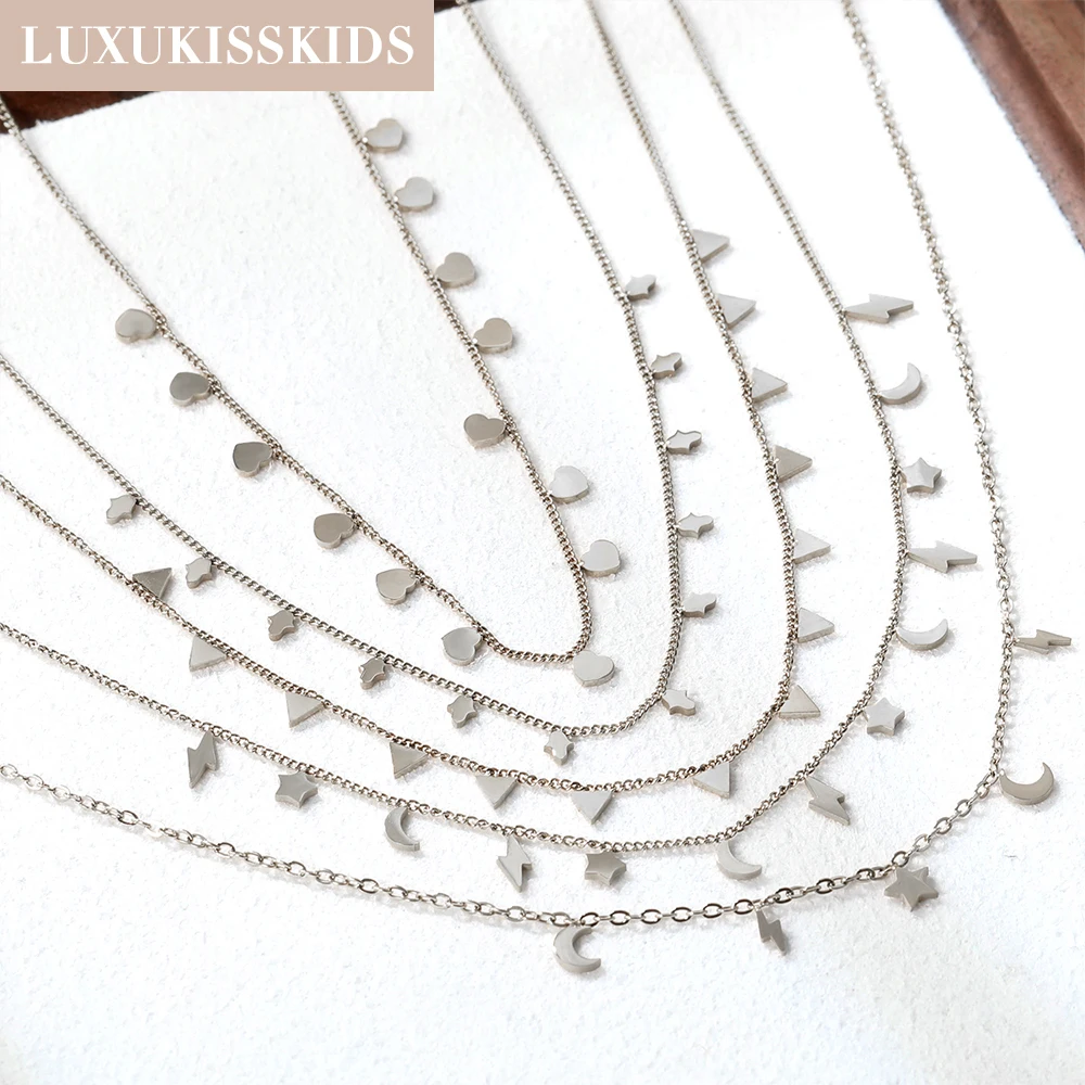 LUXUKISSKIDS Silver Color Stainless Steel Chains Necklace For Women/Girl Small Mini Star Heart Coin Charm Choker Vintage Jewelry